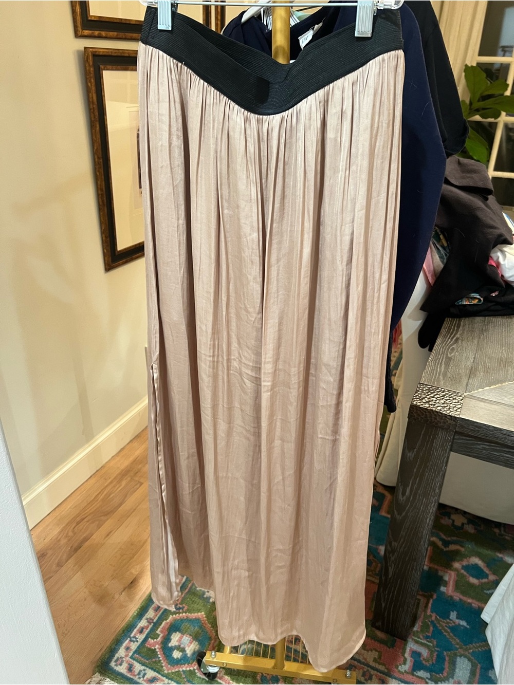 Daniel Rainn Pleated Satin Maxi Skirt in tan with Black V-Waistband